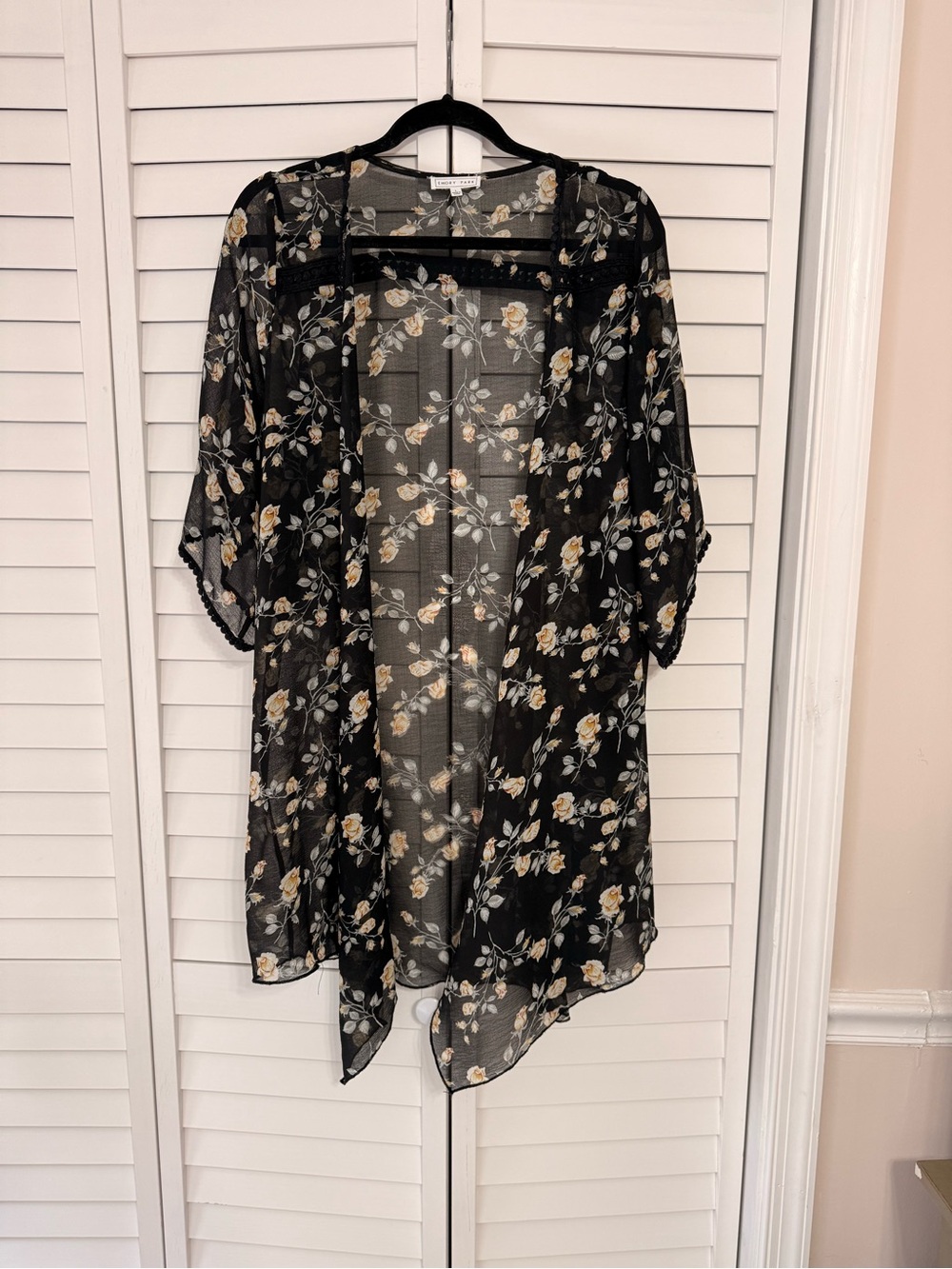 Emory Park Black Sheer Floral Kimono with Cream and Yellow Blooms